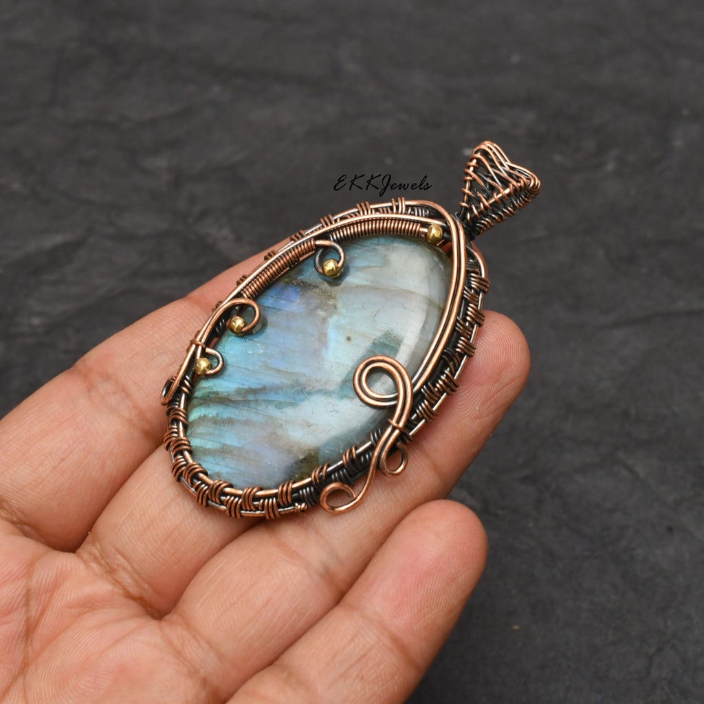 EkkJewels Handmade Copper Wire Wrapped Labradorite Pendant Necklace