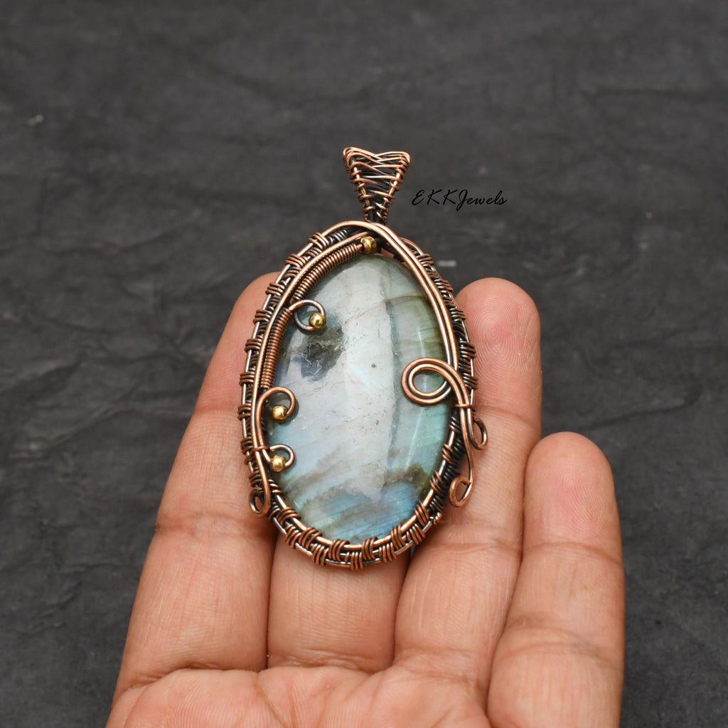 EkkJewels Handmade Copper Wire Wrapped Labradorite Pendant Necklace