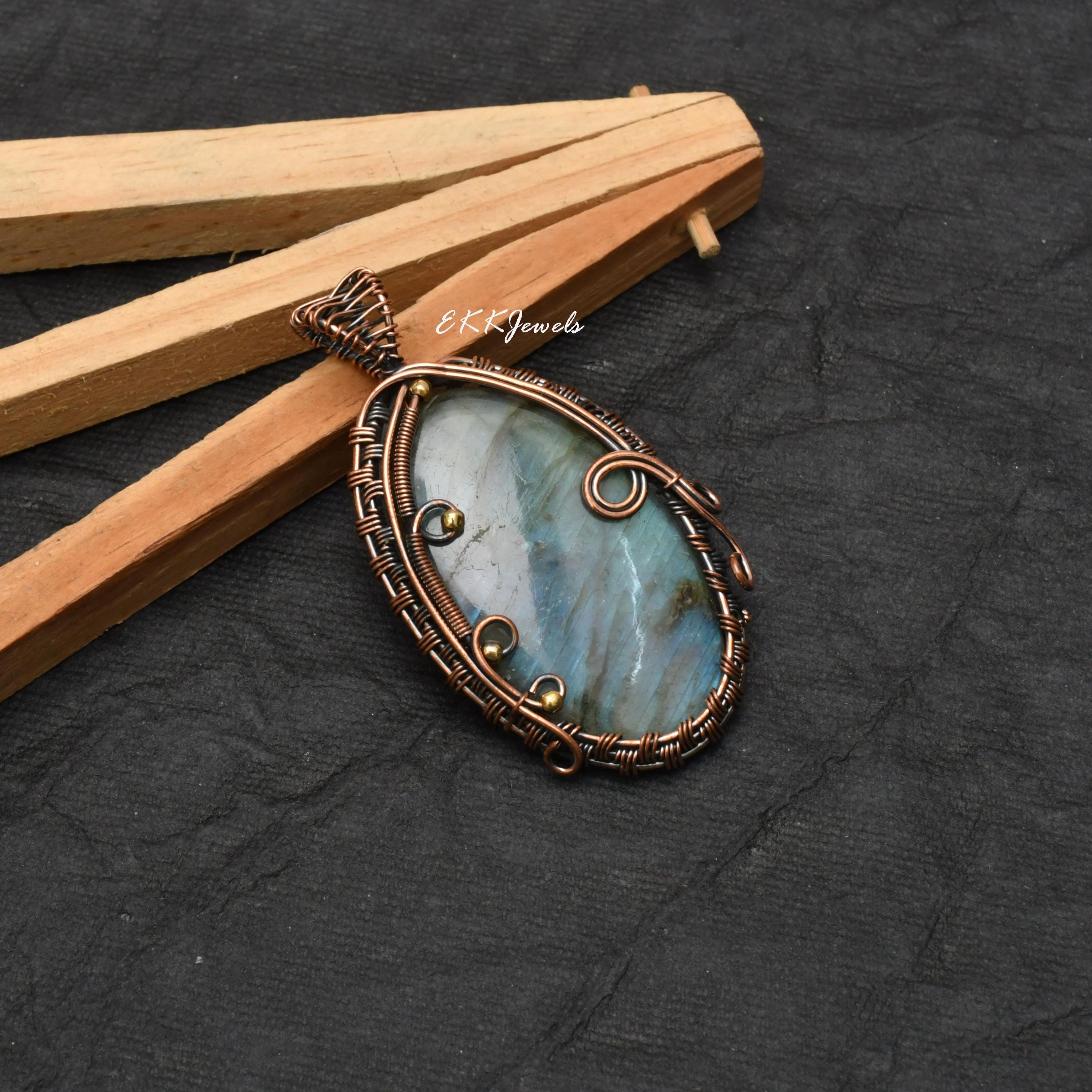 EkkJewels Handmade Copper Wire Wrapped Labradorite Pendant Necklace