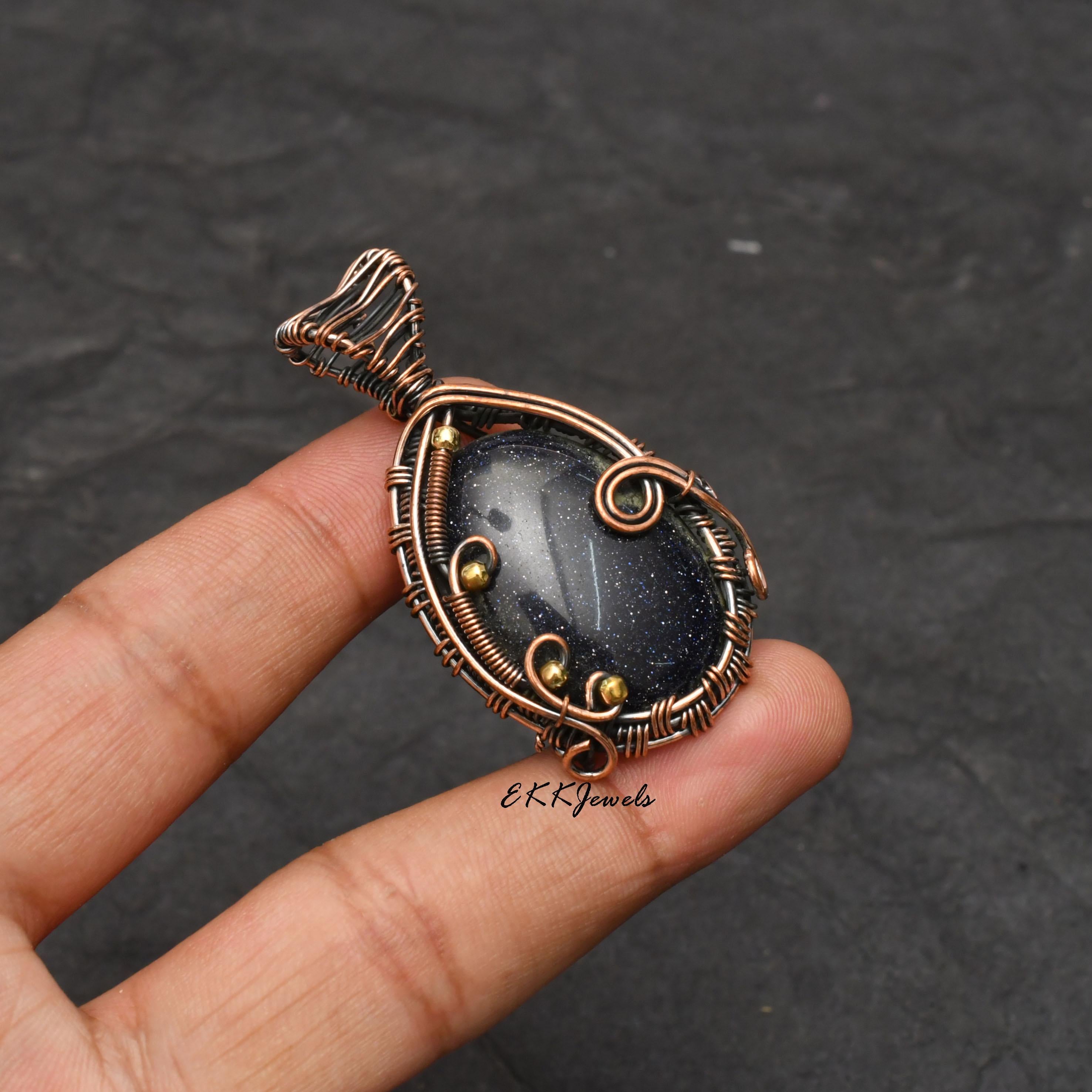EkkJewels Handmade Copper Wire Wrapped Blue Sunsitara Pendant Necklace