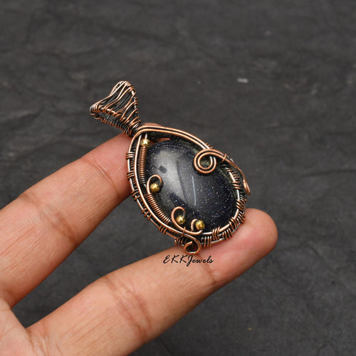 EkkJewels Handmade Copper Wire Wrapped Blue Sunsitara Pendant Necklace