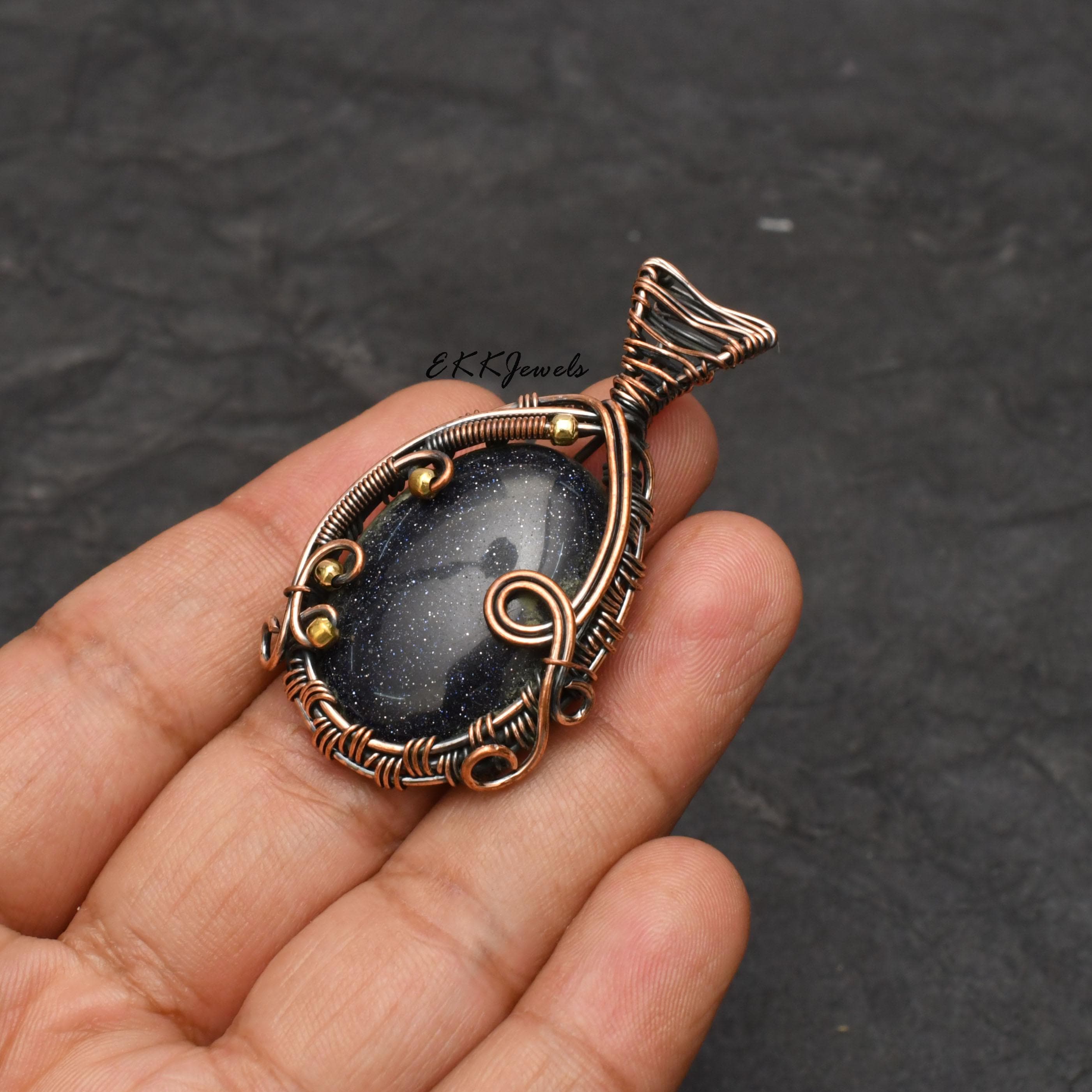 EkkJewels Handmade Copper Wire Wrapped Blue Sunsitara Pendant Necklace
