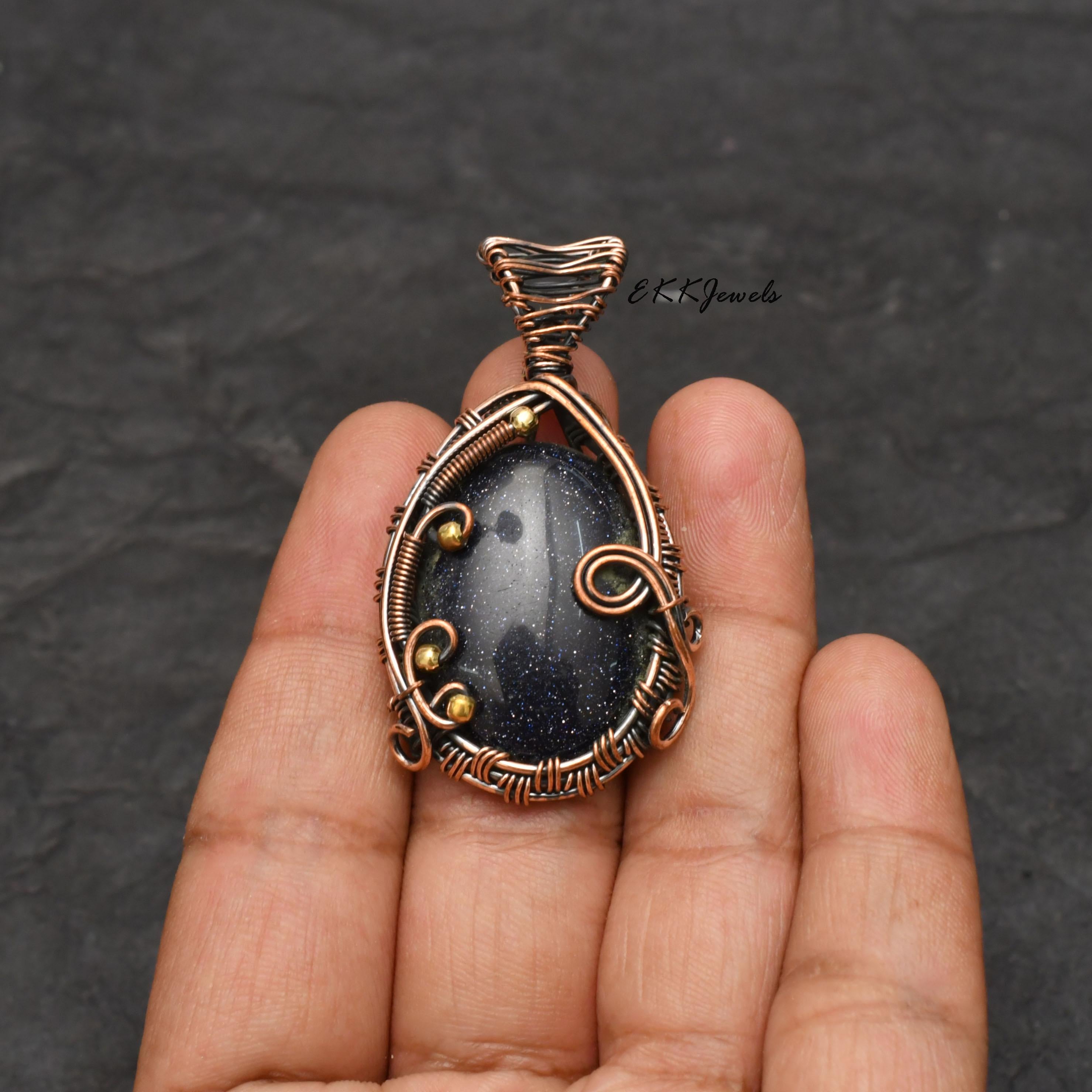 EkkJewels Handmade Copper Wire Wrapped Blue Sunsitara Pendant Necklace