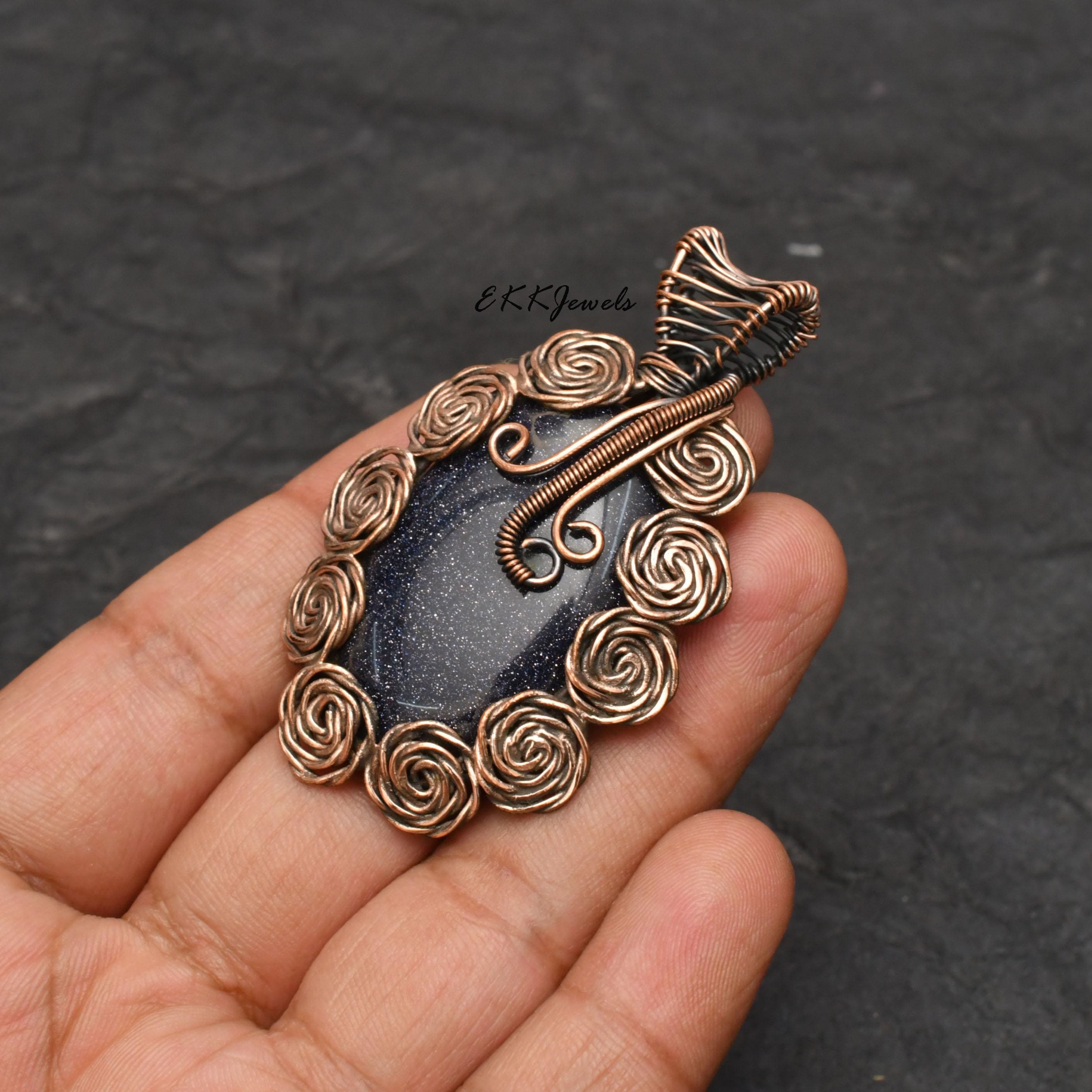 EkkJewels Handmade Copper Wire Wrapped Blue Sunsitara Pendant Necklace