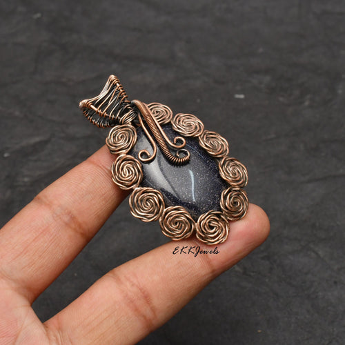 EkkJewels Handmade Copper Wire Wrapped Blue Sunsitara Pendant Necklace