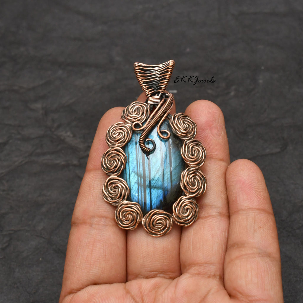 Handmade Copper Wire Wrapped Labradorite Pendant Necklace Jewelry