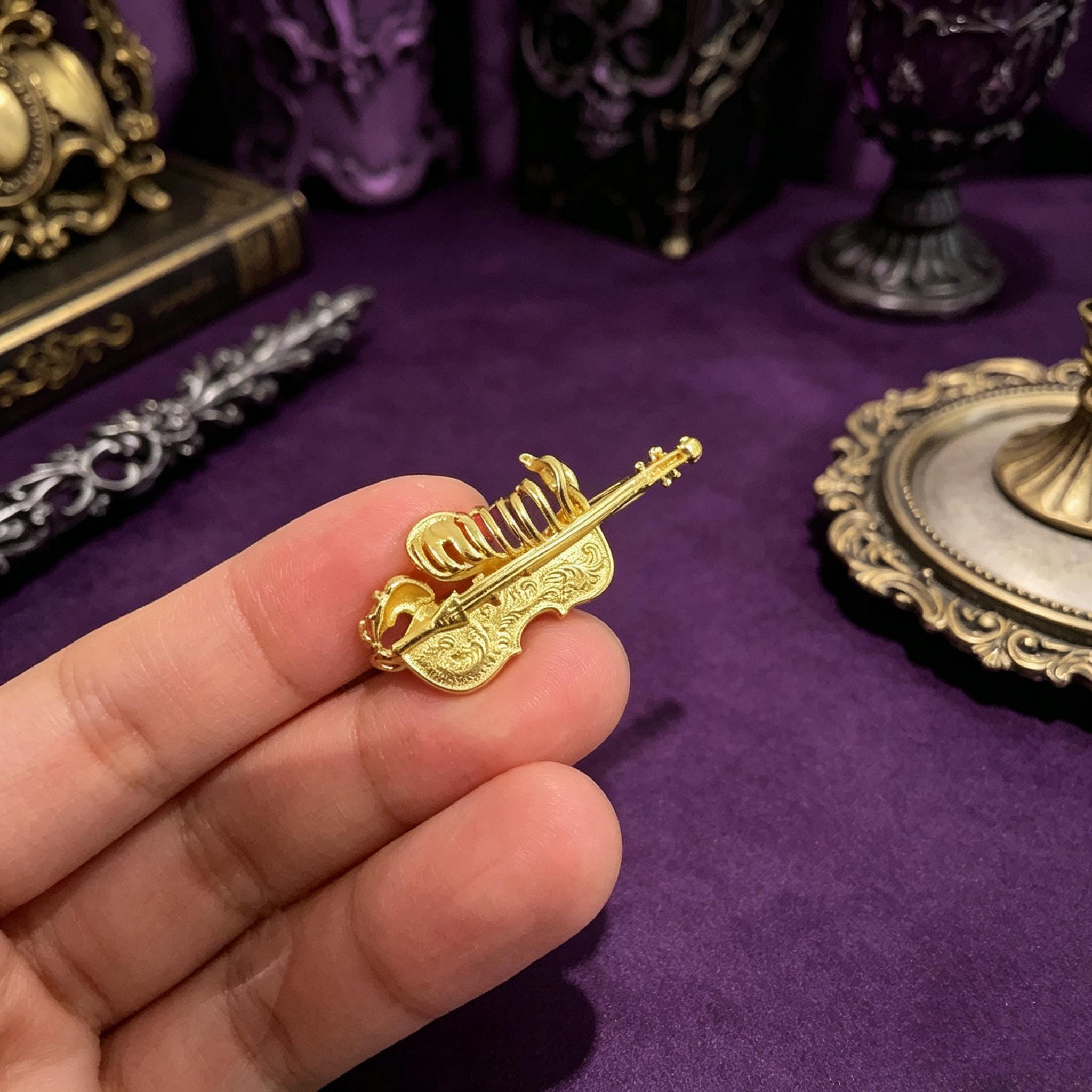 Violin Heart Stud Earrings 14K Gold Plated Asymmetrical Gothic Music Gift